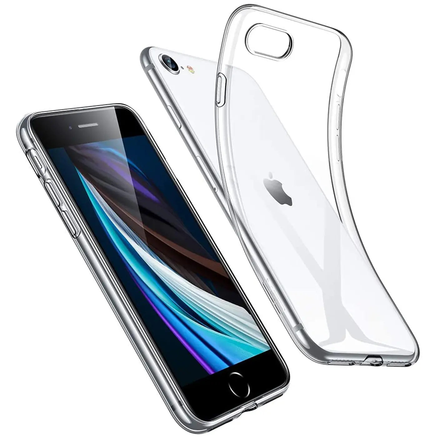 Klar transparente Hülle aus Kunststoff, zeigt iPhone 7/8/SE. Von schräg oben.