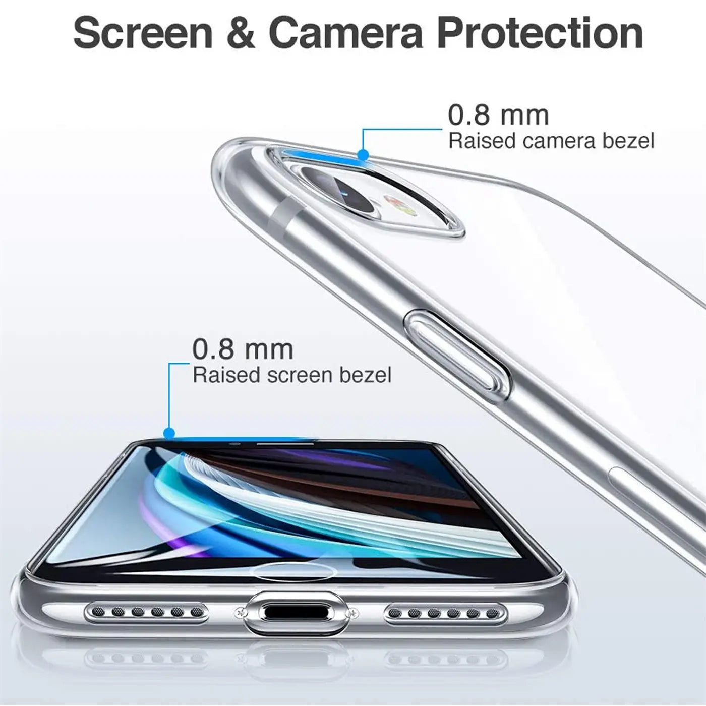 Transparentes Handy-Case aus Kunststoff, Nahaufnahme, zeigt erhöhten Rand um Kamera und Display eines iPhones.