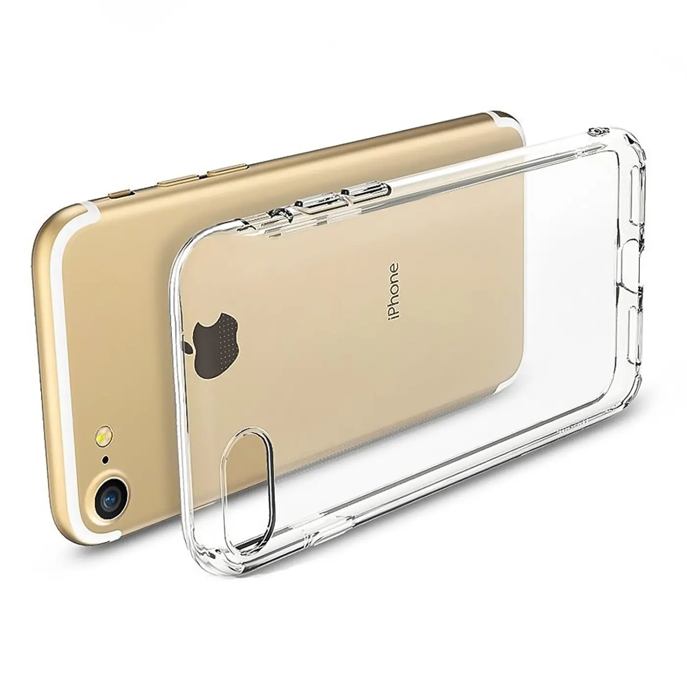 Goldfarbenes iPhone 7/8/SE mit transparentem Silikon-Case, Rückansicht.