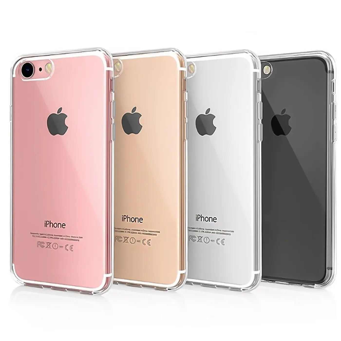 Vier iPhones (rosa, gold, weiß, schwarz) mit klaren Hüllen, von vorne/schräg