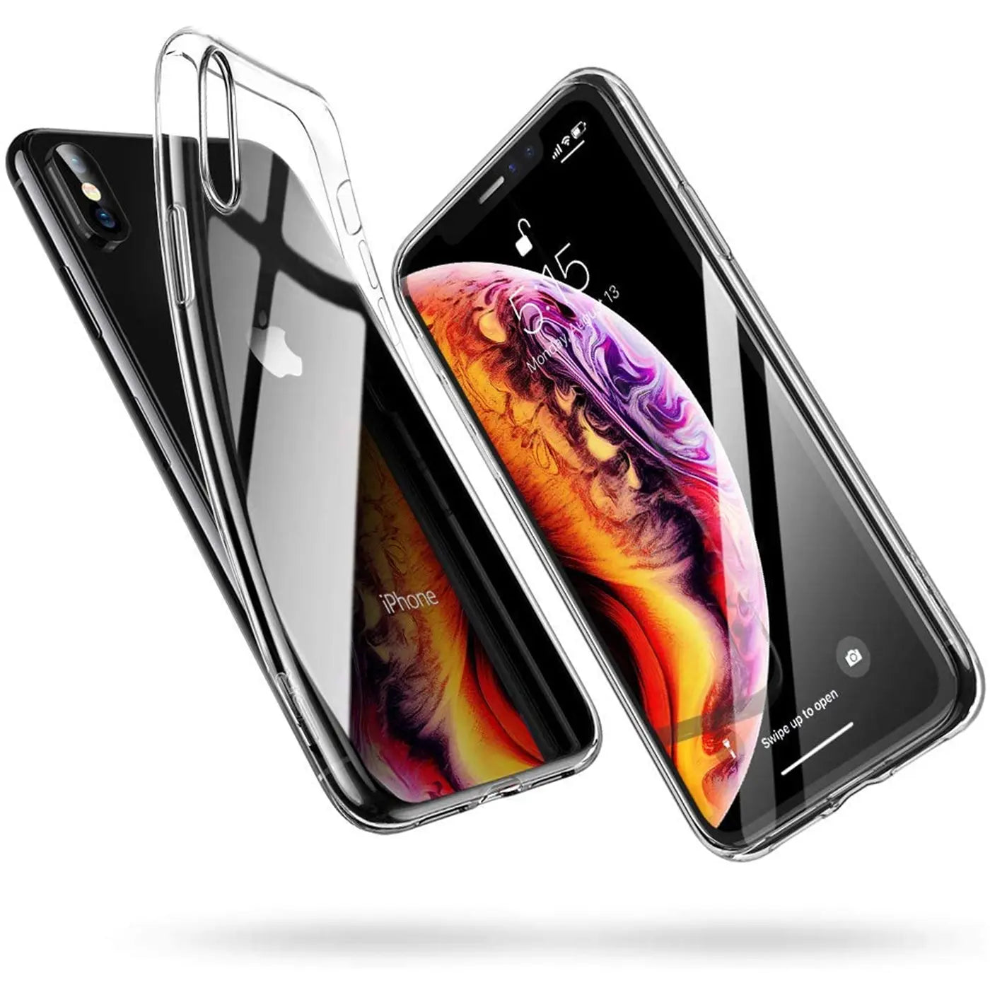 Klares, dünnes iPhone X/XS Case aus Kunststoff, von schräg oben.