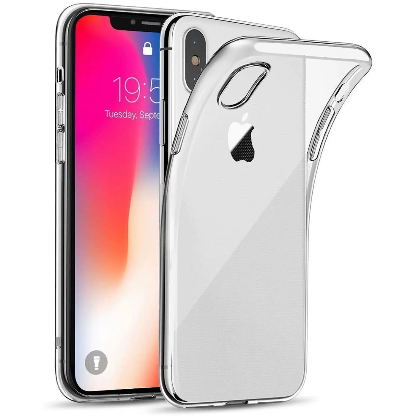 Klares, dünnes Silikon-Case auf einem iPhone X/XS, von vorne rechts gesehen.
