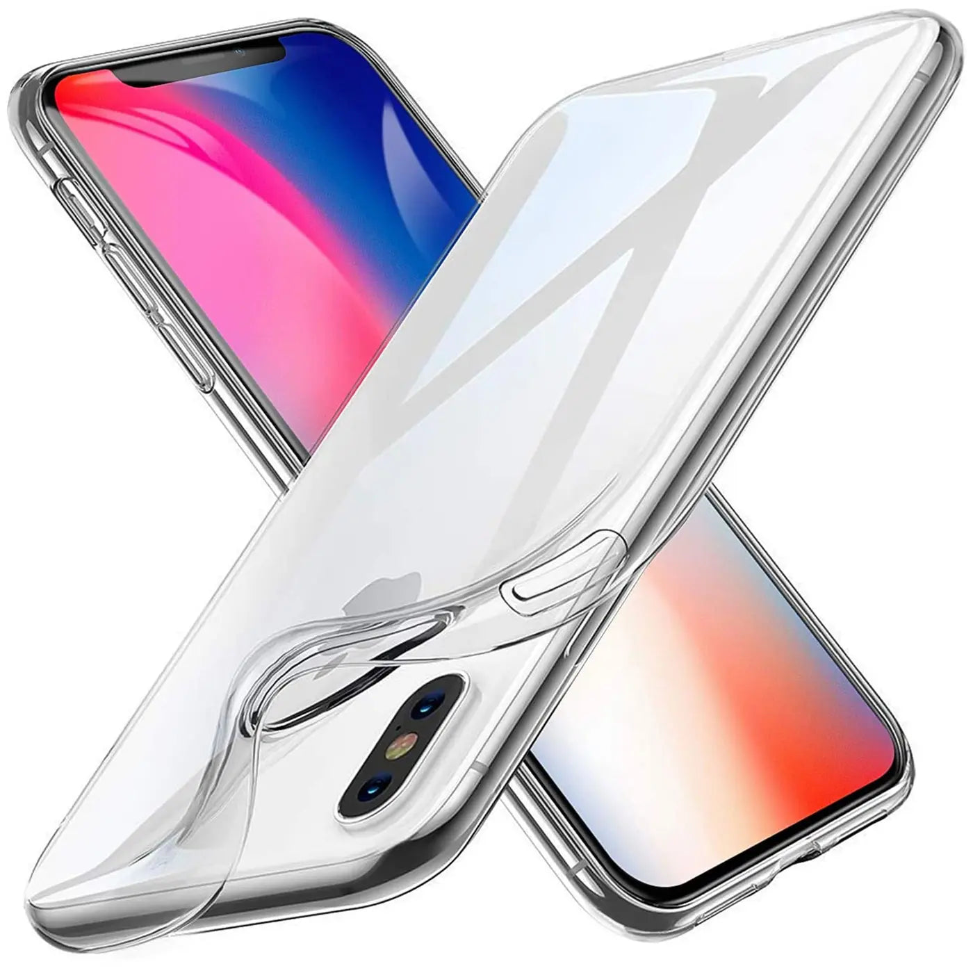 Klares, dünnes Kunststoff-Case liegt auf einem iPhone X/XS. Draufsicht.