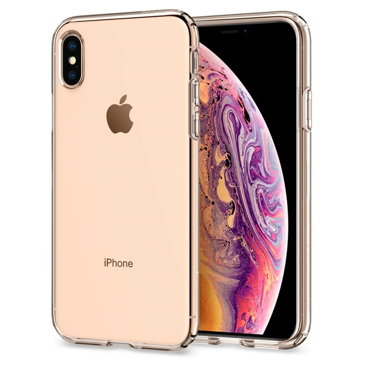 Goldfarbenes iPhone X/XS in durchsichtiger Hülle, von schräg vorne fotografiert.