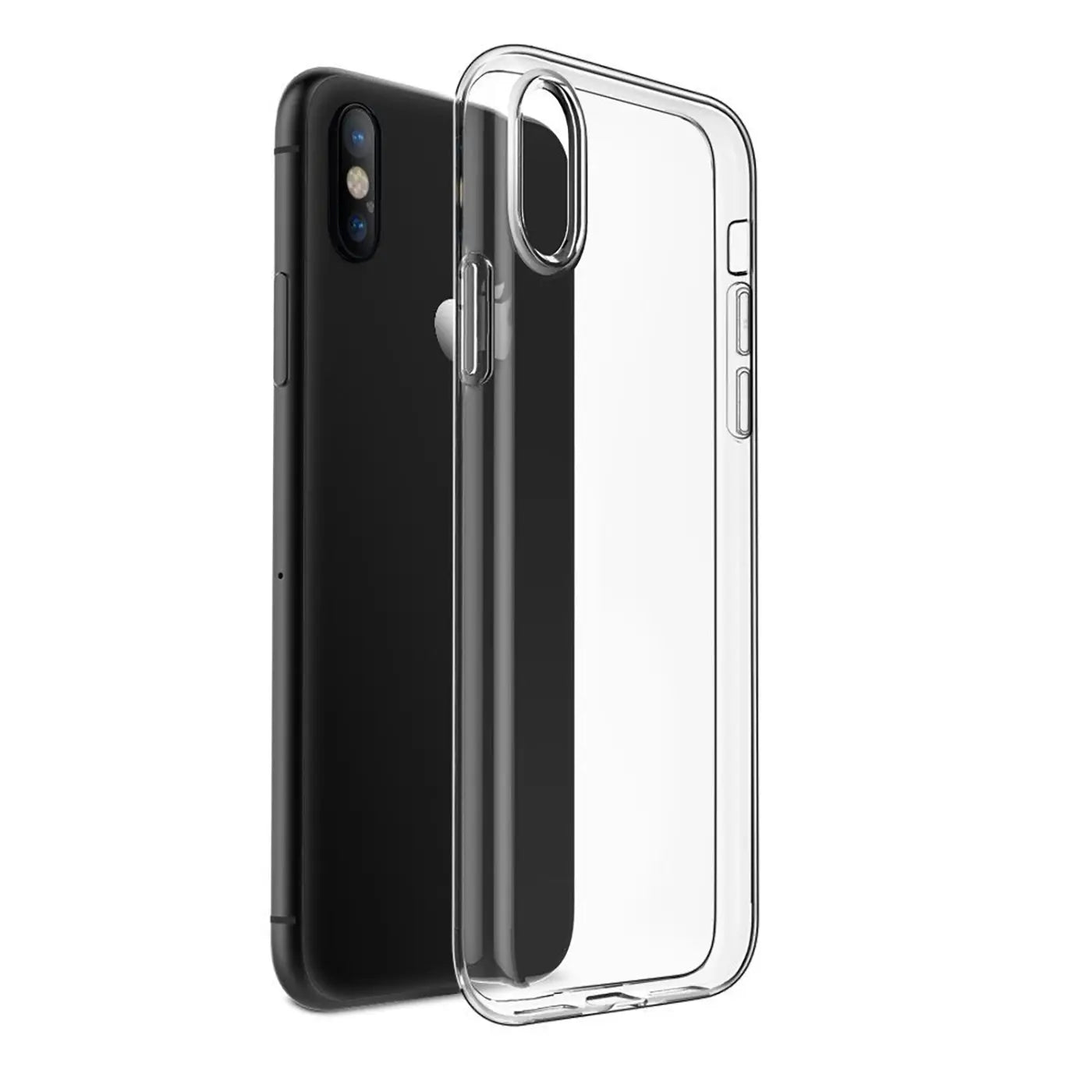 Klares, dünnes Kunststoff-Case neben schwarzem iPhone X/XS, Seitenansicht.