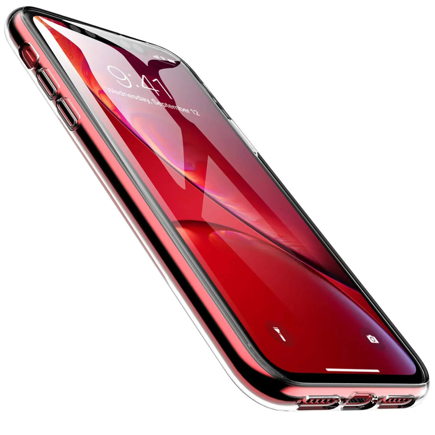 Klares, dünnes Handyhülle aus Kunststoff, von schräg oben auf einem roten iPhone XR.