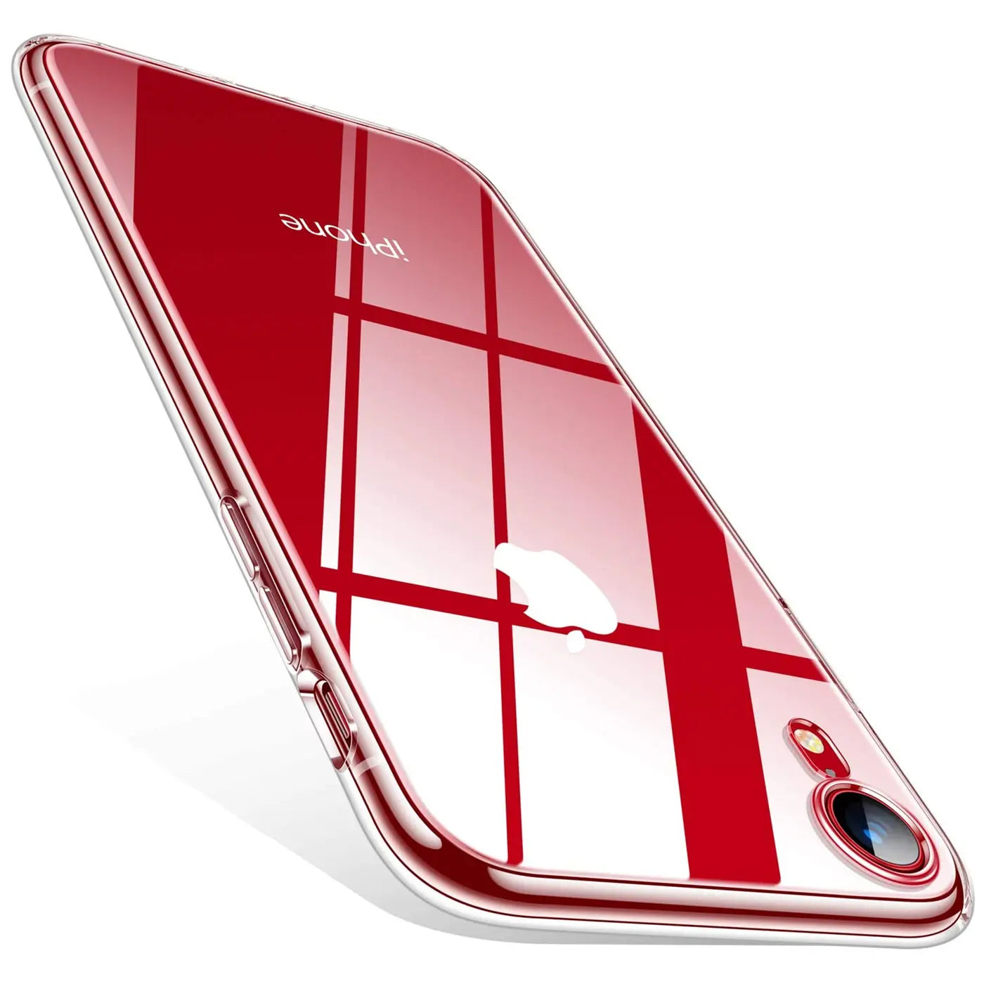 Rotes iPhone XR in klarem, schlankem Case, Rückansicht, schräg von oben.