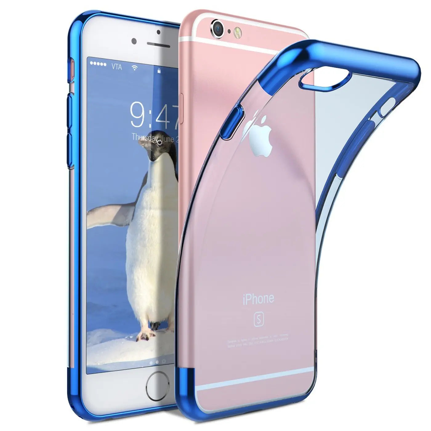 iPhone 6/6S Hülle, transparent mit blauem Rand, aus Kunststoff, von vorne/seitlich