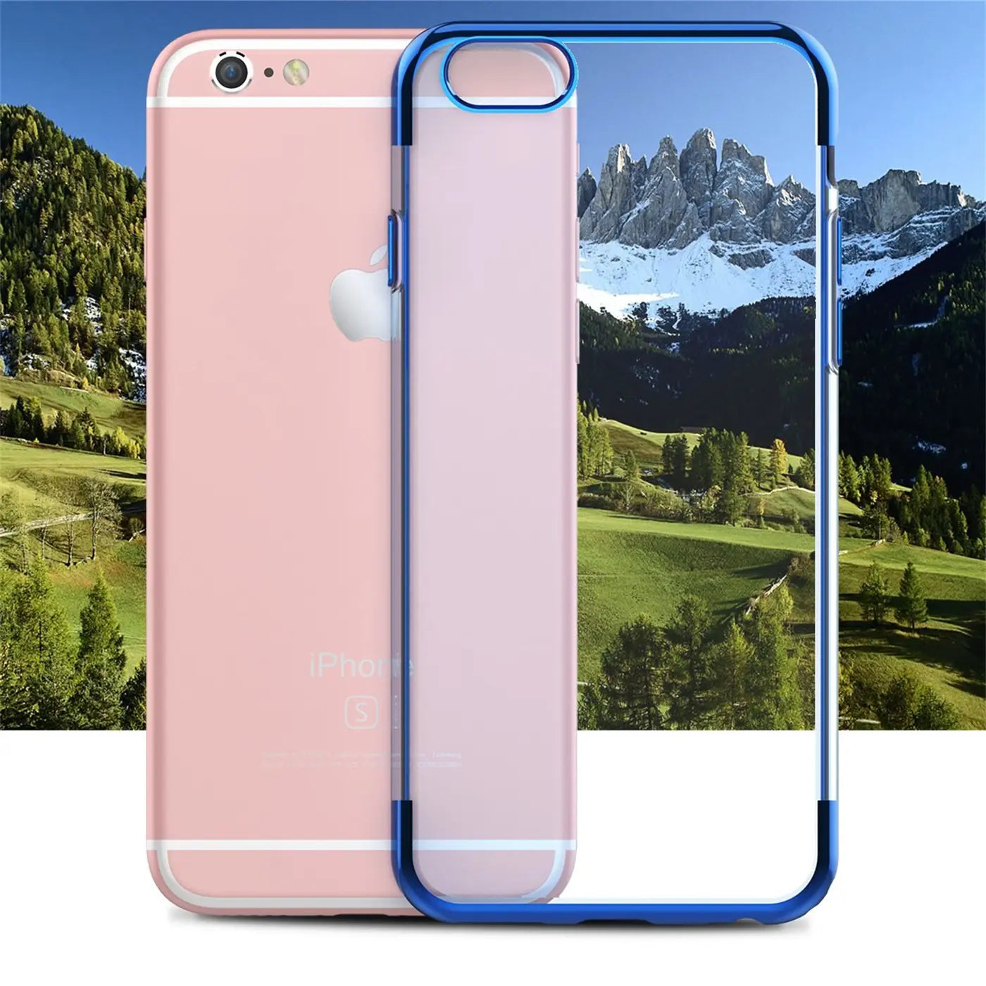 iPhone 6/6S mit blauer Hülle, klare Rückseite, von vorne links gezeigt