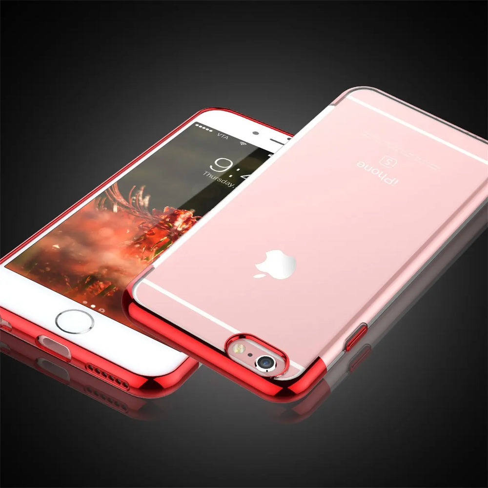 Transparente Handyhülle für iPhone 6s Plus / 6 Plus mit farblichen Akzenten in Schwarz, Rot, Blau oder Roségold.