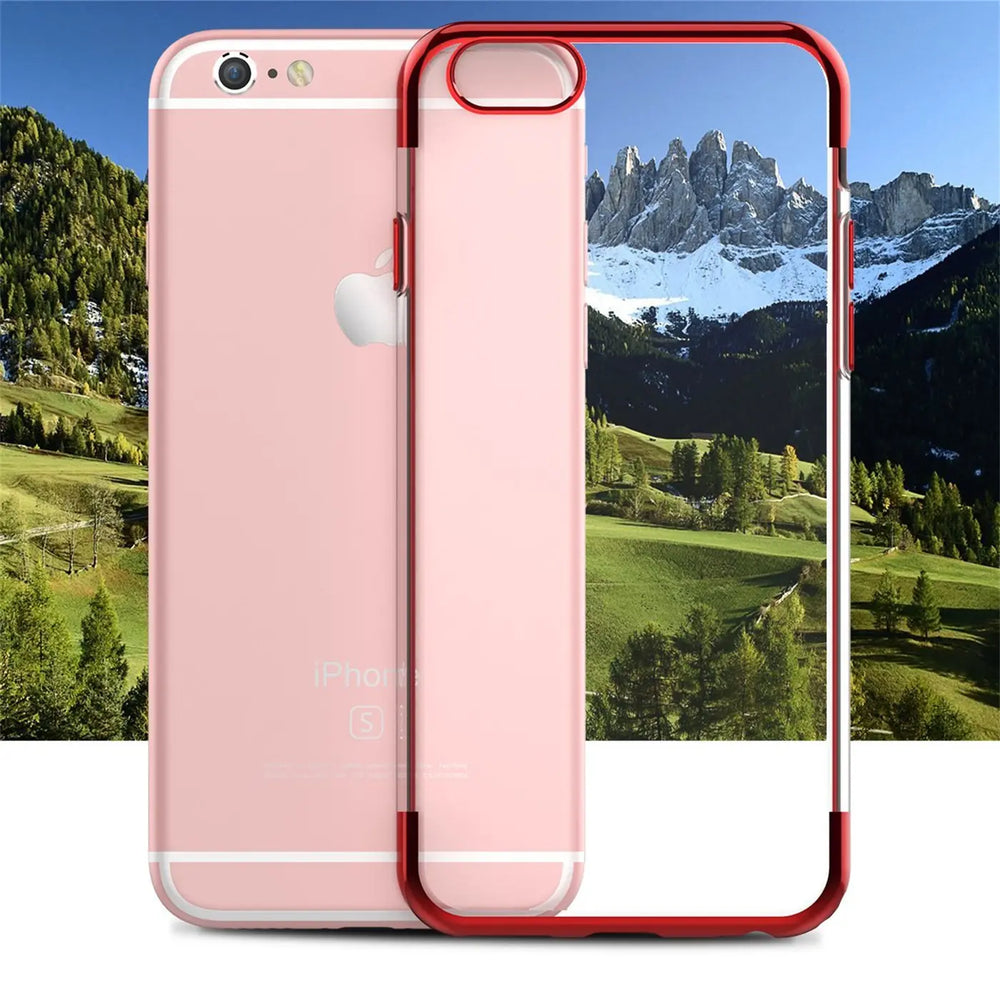 Transparente Handyhülle für iPhone 6 / 6S mit farblichen Akzenten in Schwarz, Rot, Blau oder Roségold.