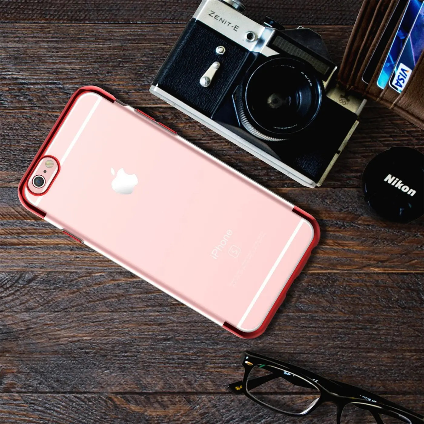 iPhone 6/6S Hülle, transparent mit rotem Rand, von oben, auf Holzhintergrund