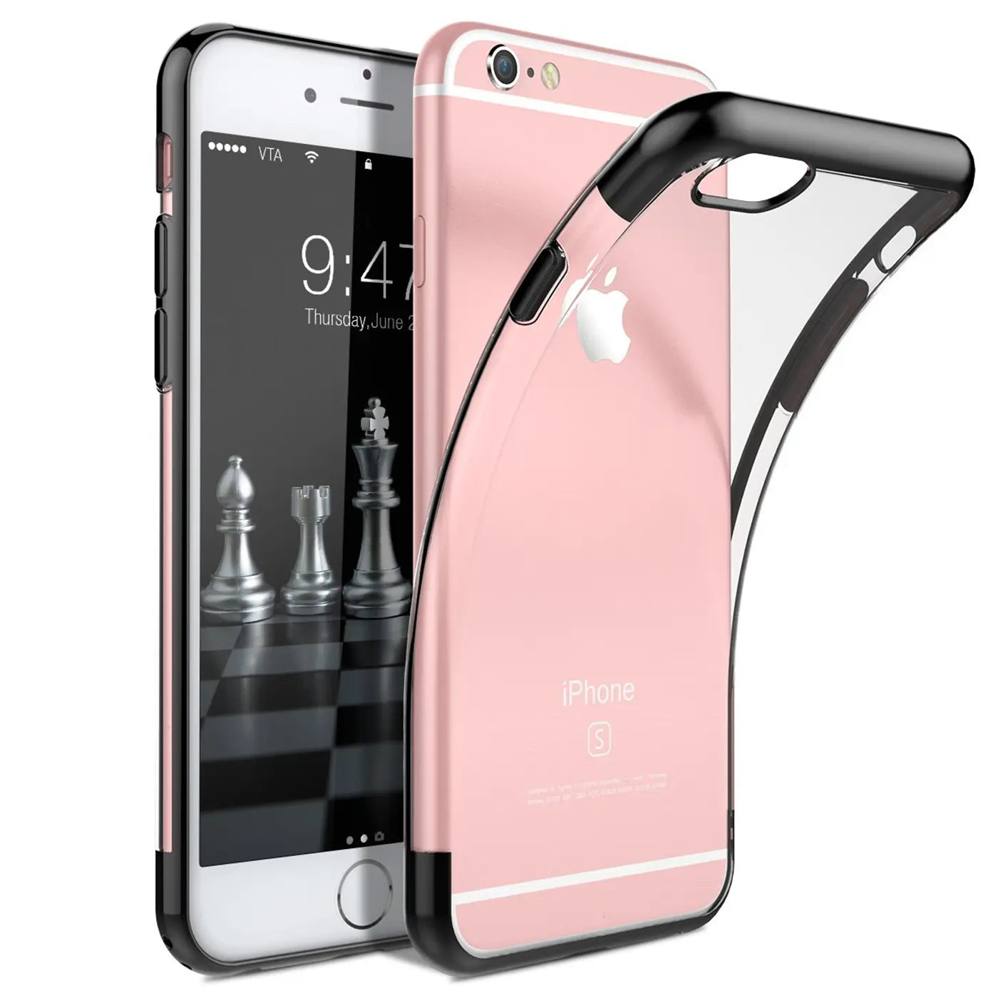iPhone 6/6S Hülle, transparent mit schwarzem Rand, von vorne links, rosa iPhone 6S.