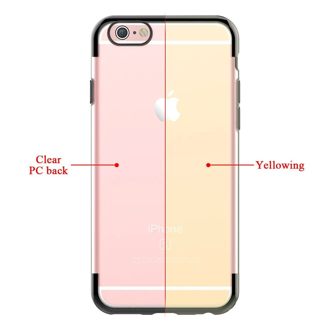 iPhone 6/6S Hülle, Rückseite aus klarem PC, mit gelblichem Verfärbungseffekt, von vorne gesehen.