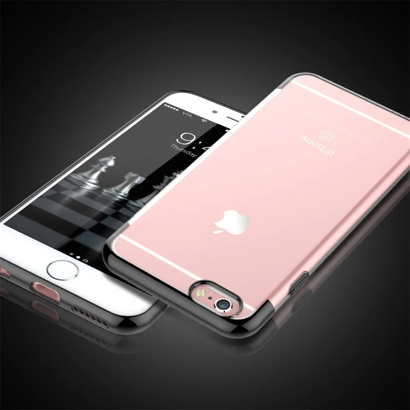 iPhone 6/6S Hülle, transparent mit rosa Rand, aus Kunststoff, von vorne schräg fotografiert.