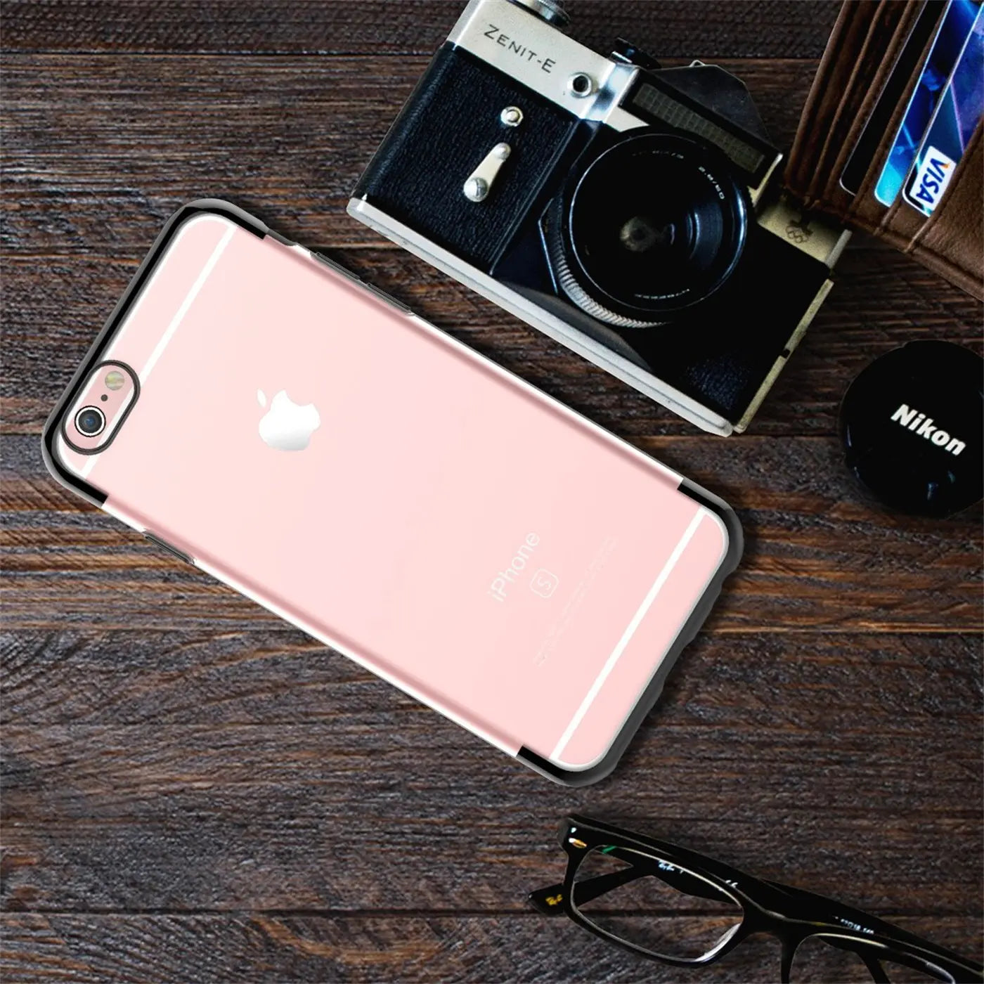 iPhone 6/6S Hülle, transparent mit schwarzem Rand, von oben, auf Holz