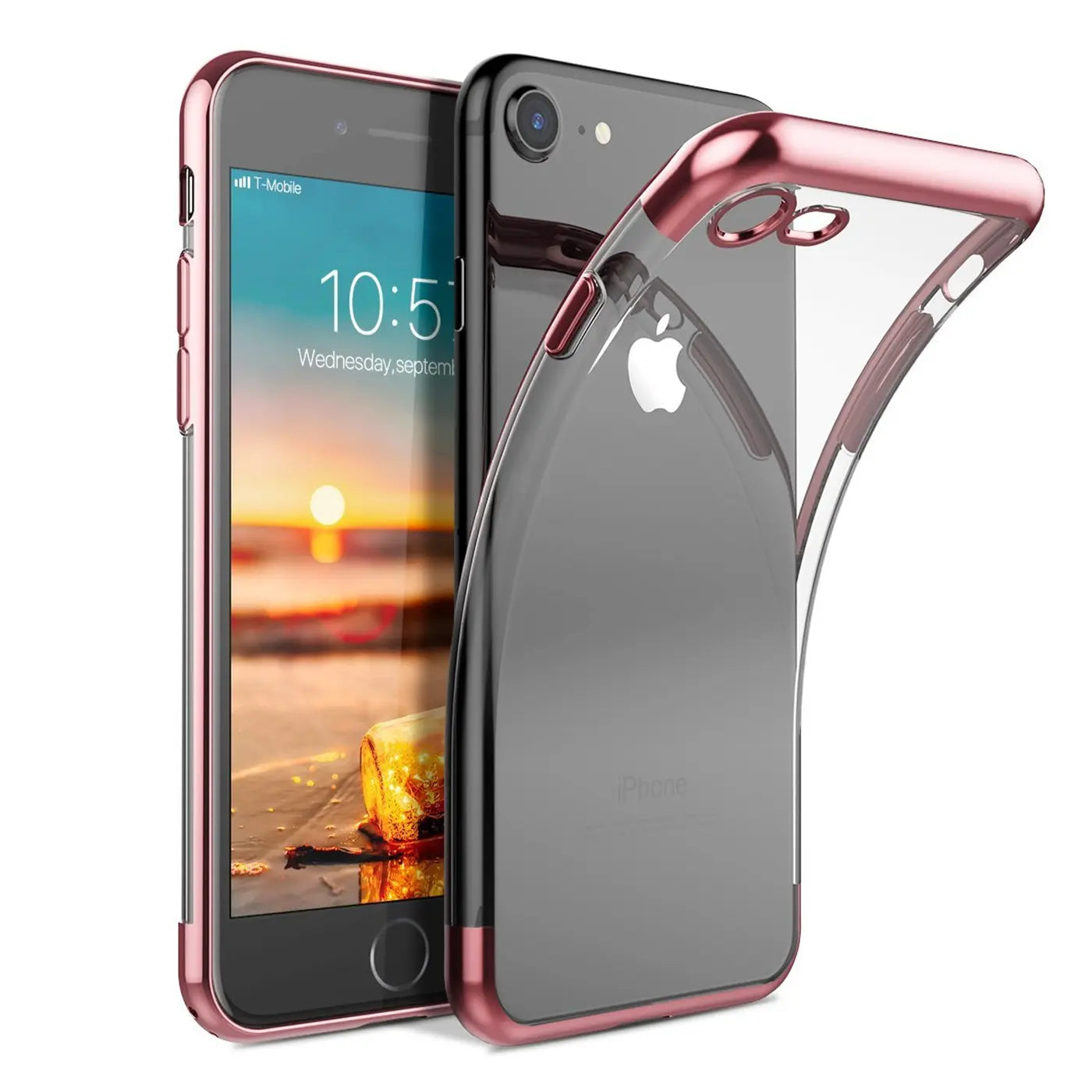iPhone 7/8/SE mit transparenter Hülle, roségoldener Rand, von vorne links