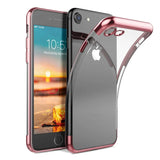 Transparente Handyhülle für iPhone 7 / 8 / SE 2 / SE 3 mit farblichen Akzenten in Schwarz, Rot, Blau oder Roségold.