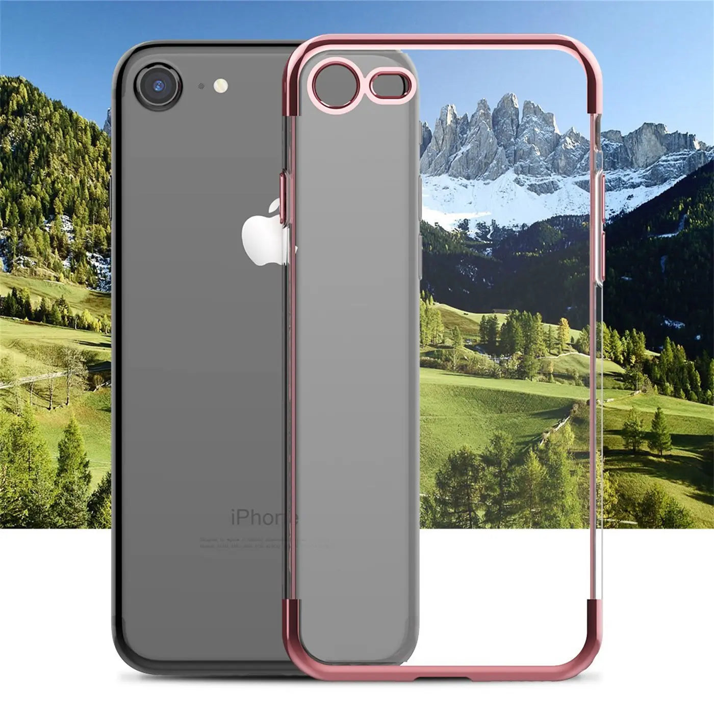 iPhone 7/8/SE Hülle, transparent mit roségoldenem Rand, Rückansicht, Nahaufnahme.