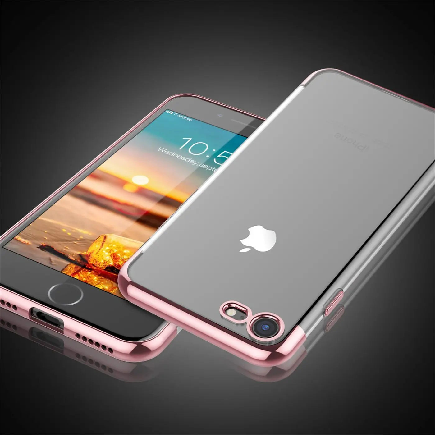 iPhone 7/8/SE mit transparenter Hülle, roségoldener Rand, von schräg oben