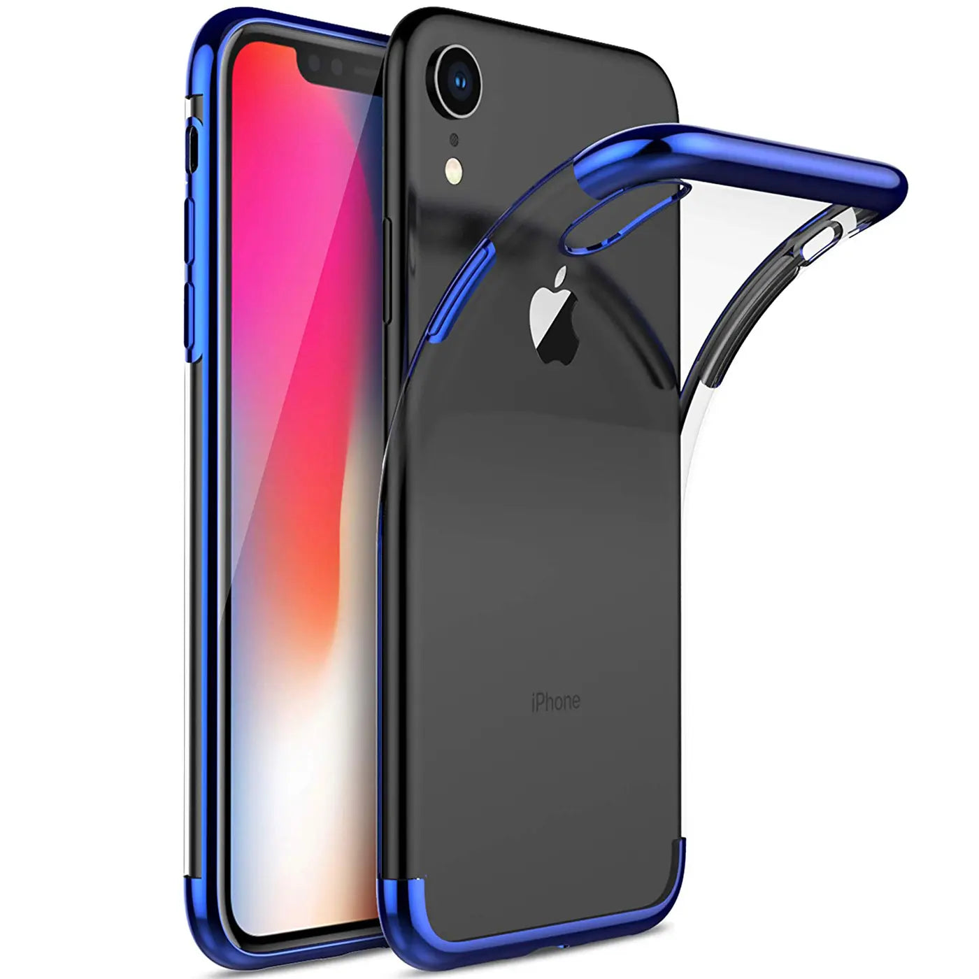 iPhone XR mit transparenter Hülle, blauer Rand, von vorne und hinten gezeigt