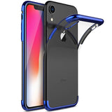 Transparente Handyhülle für iPhone XR mit farblichen Akzenten in Schwarz, Rot, Blau oder Roségold.