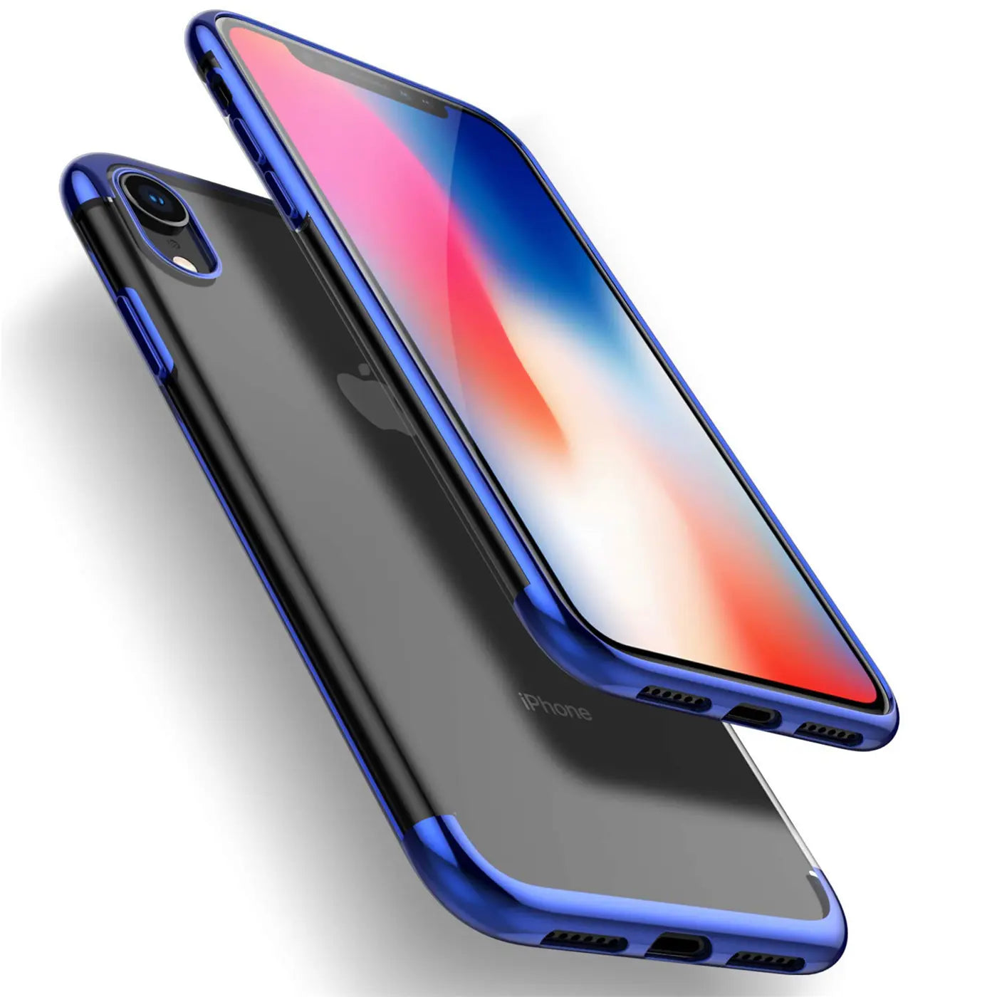 iPhone XR Hülle, transparent mit blauem Rand, aus Kunststoff, von schräg oben