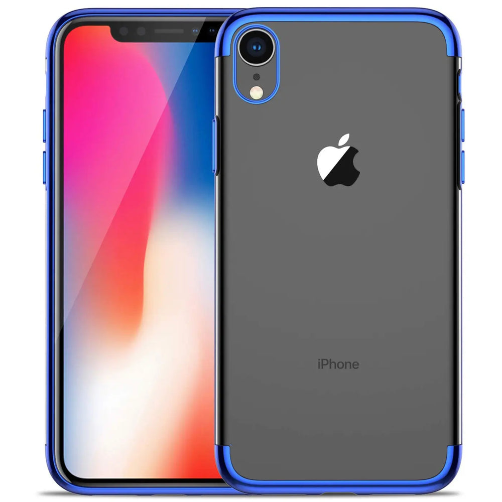 Transparente Handyhülle für iPhone XR mit farblichen Akzenten in Schwarz, Rot, Blau oder Roségold.