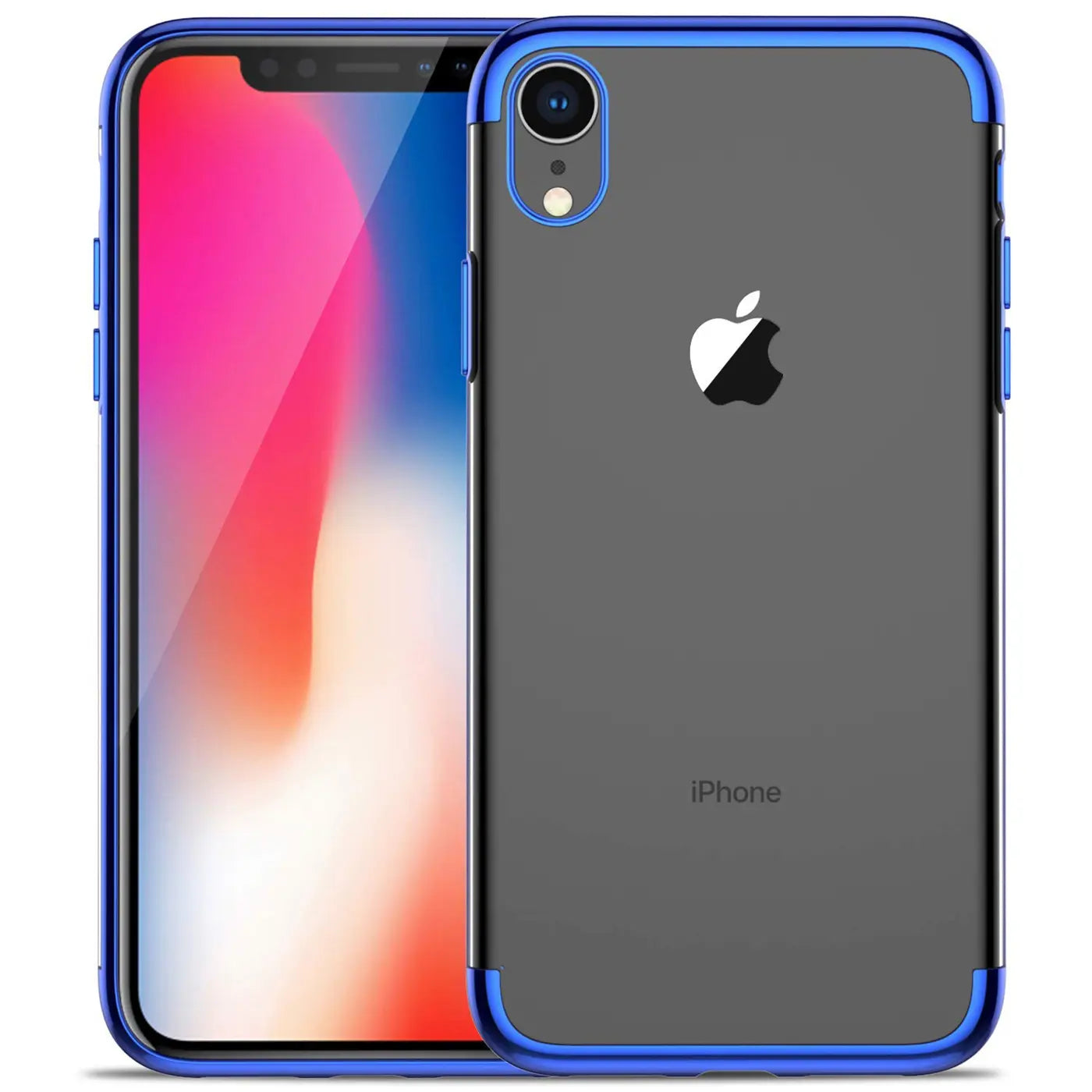 iPhone XR Hülle, transparent mit blauem Rand, Vorder- und Rückansicht