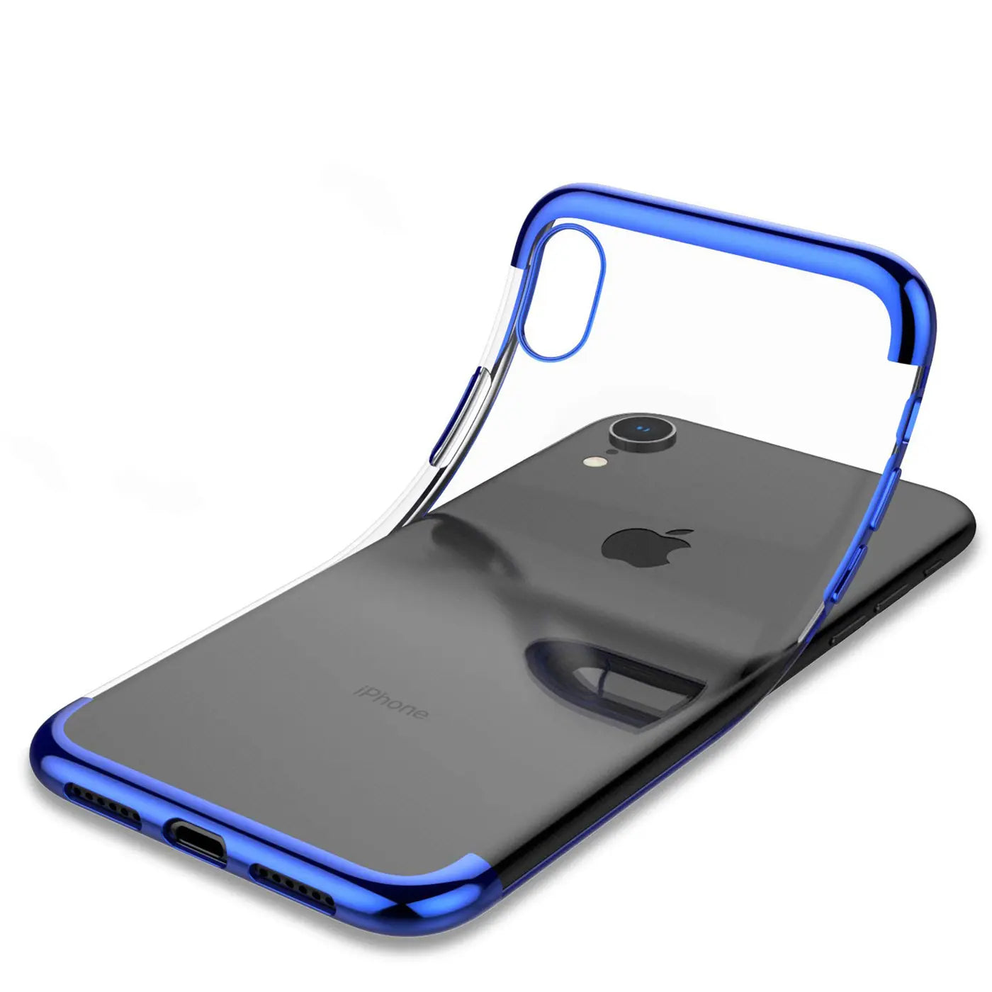iPhone XR mit transparenter Hülle, blauer Rand, von oben schräg fotografiert