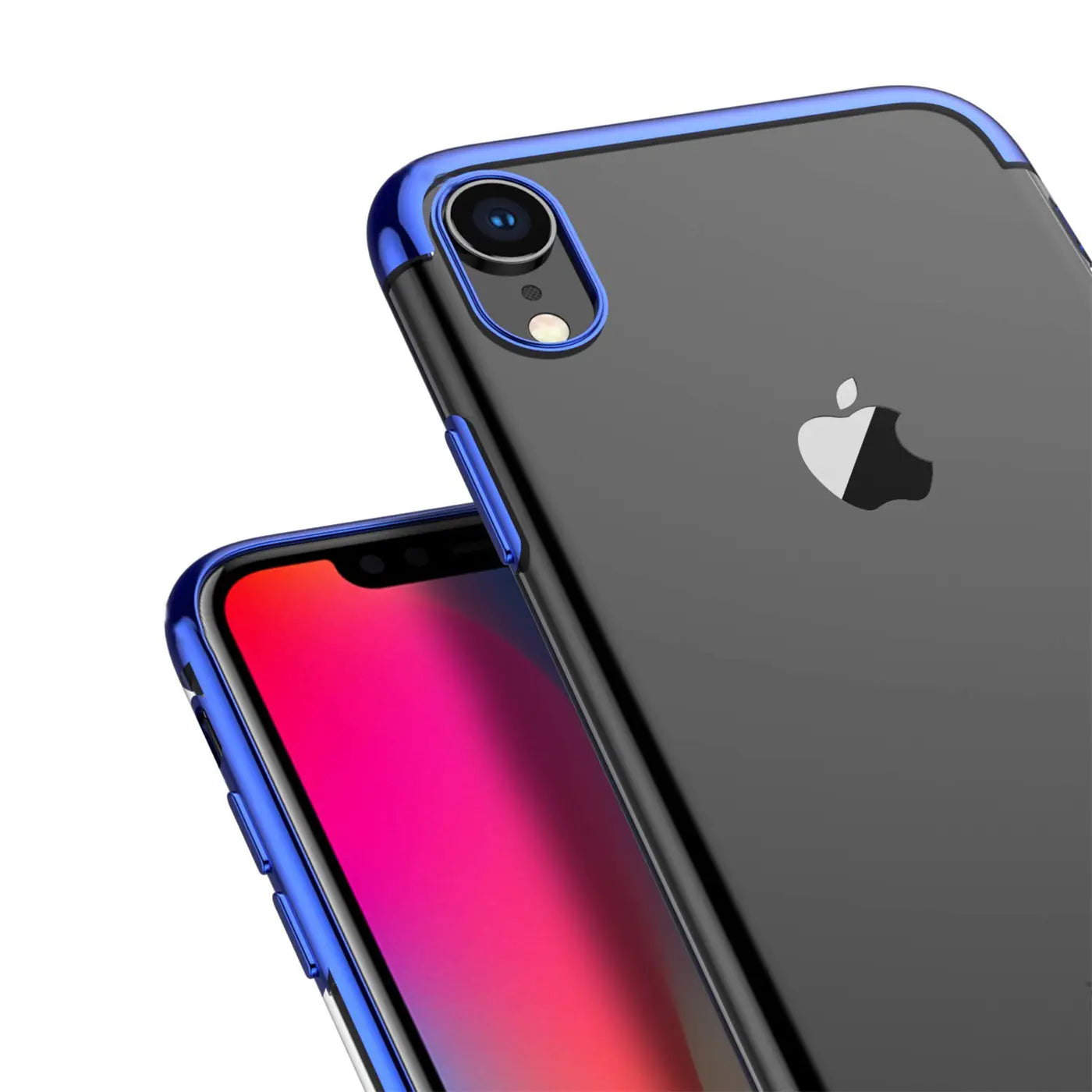 iPhone XR mit blauer Hülle, transparent, Nahaufnahme von vorne und hinten