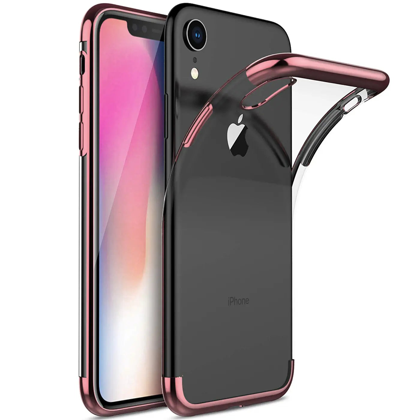 iPhone XR mit transparenter Hülle, roségoldener Rand, von vorne links gezeigt