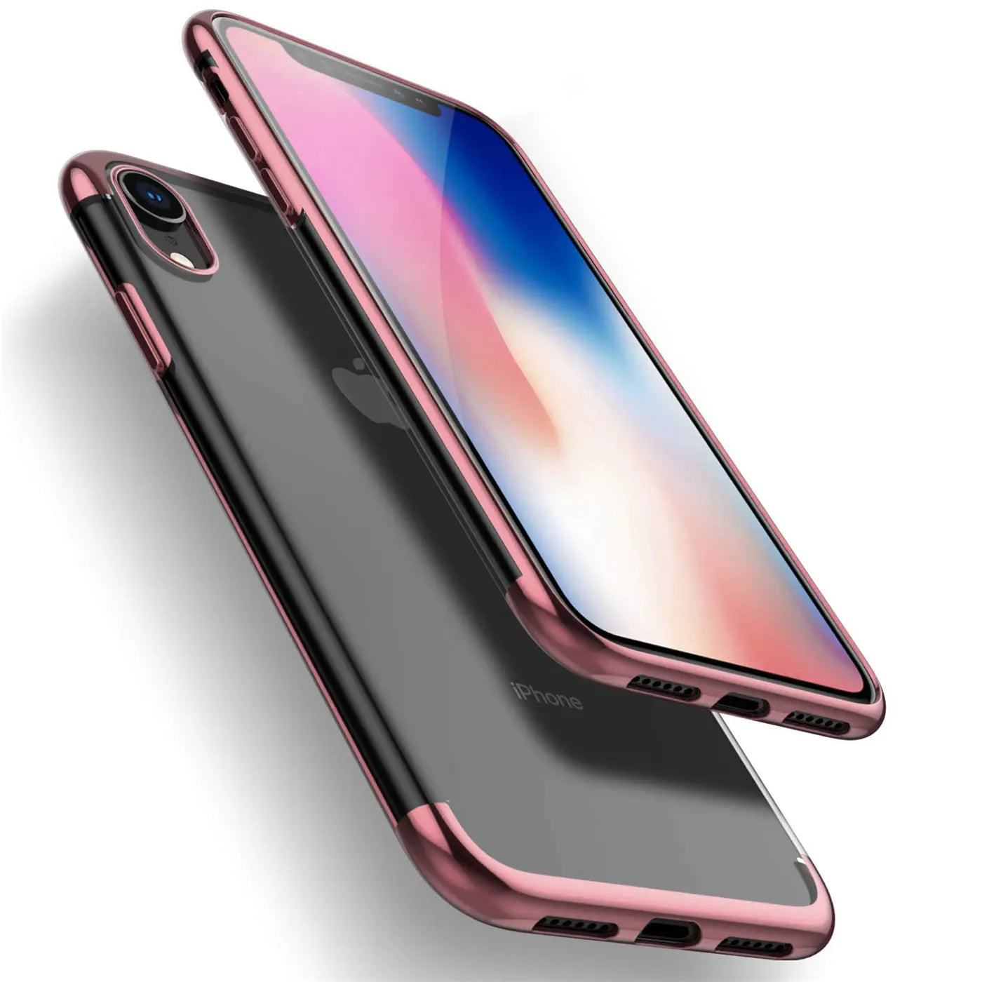 iPhone XR Hülle, transparent mit roségoldenem Rand, von schräg oben