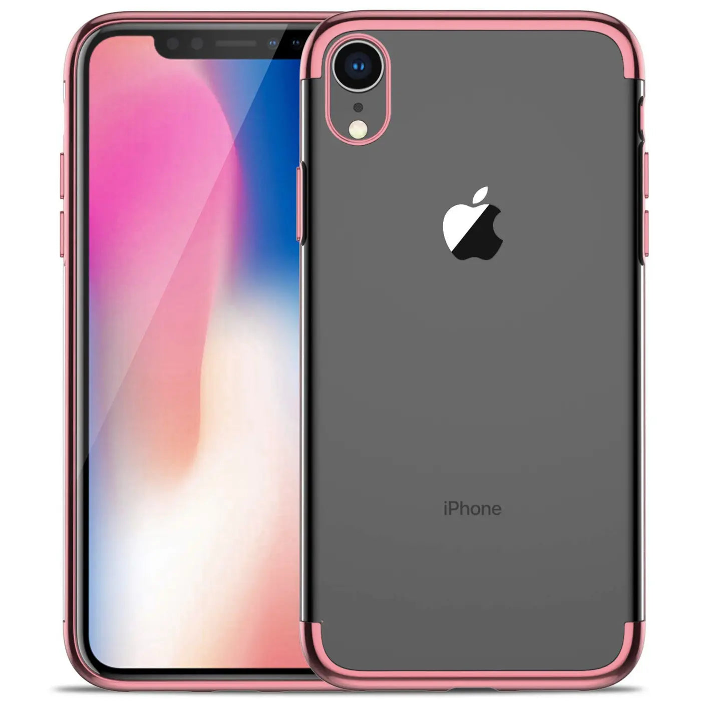 iPhone XR Hülle, transparent mit roségoldenem Rand, Vorder- und Rückansicht