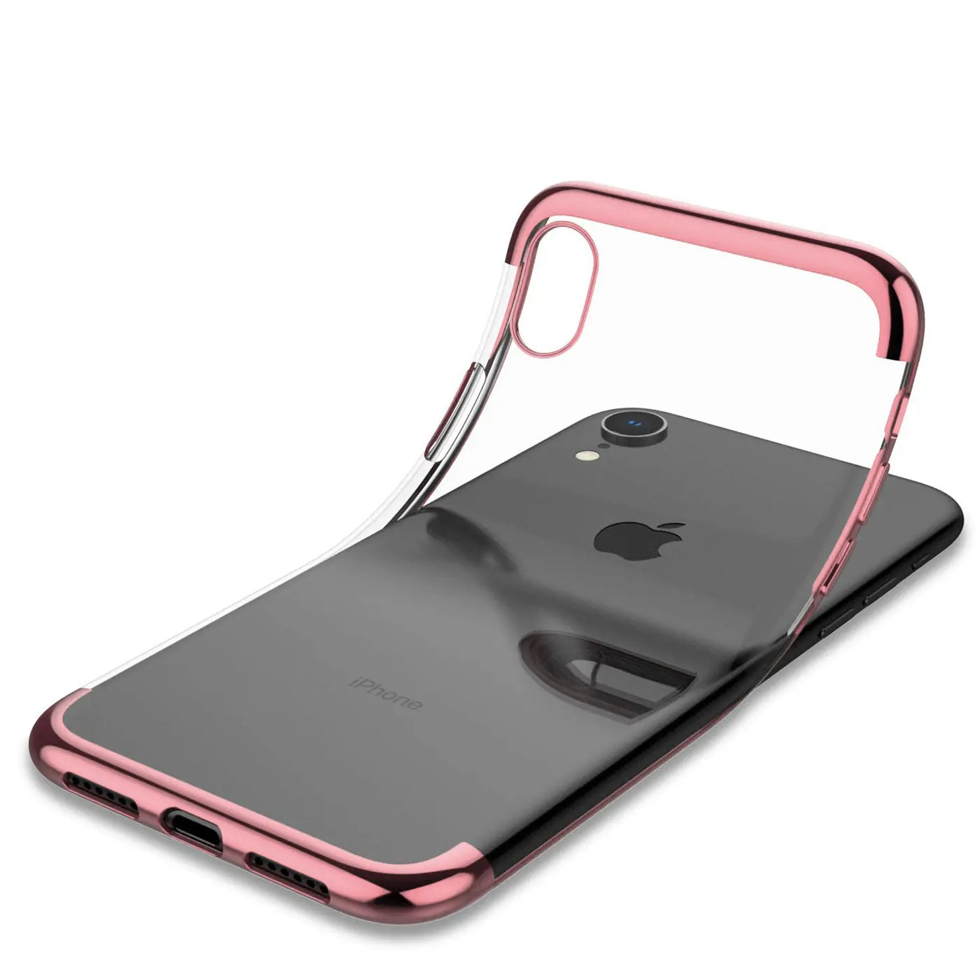 iPhone XR Hülle, transparent mit roségoldenem Rand, aus Kunststoff, von schräg oben