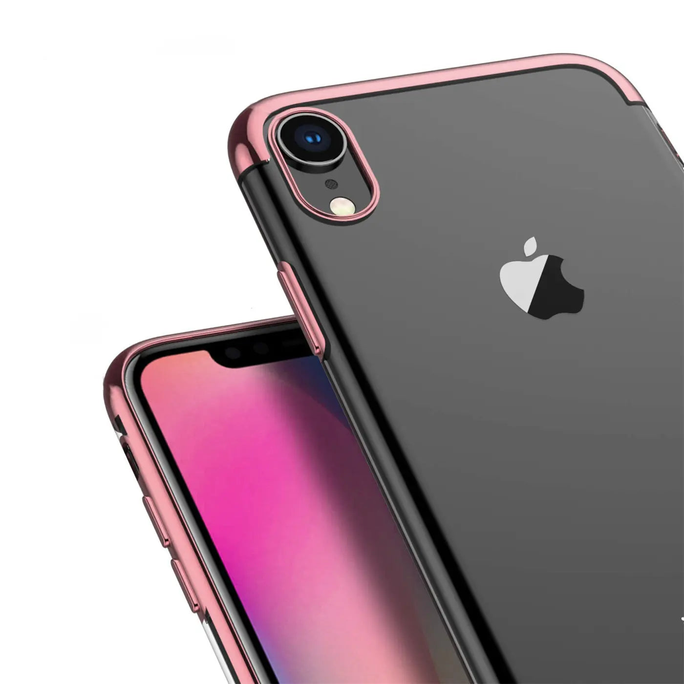 iPhone XR Hülle, transparent mit roségoldenem Rand, Nahaufnahme, von schräg oben