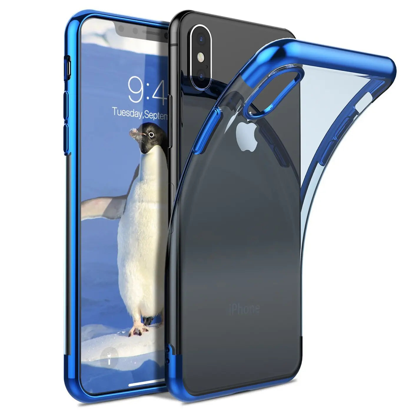 iPhone Xs Max mit blauer Hülle, klare Rückseite, Metallrand, von vorne/seitlich