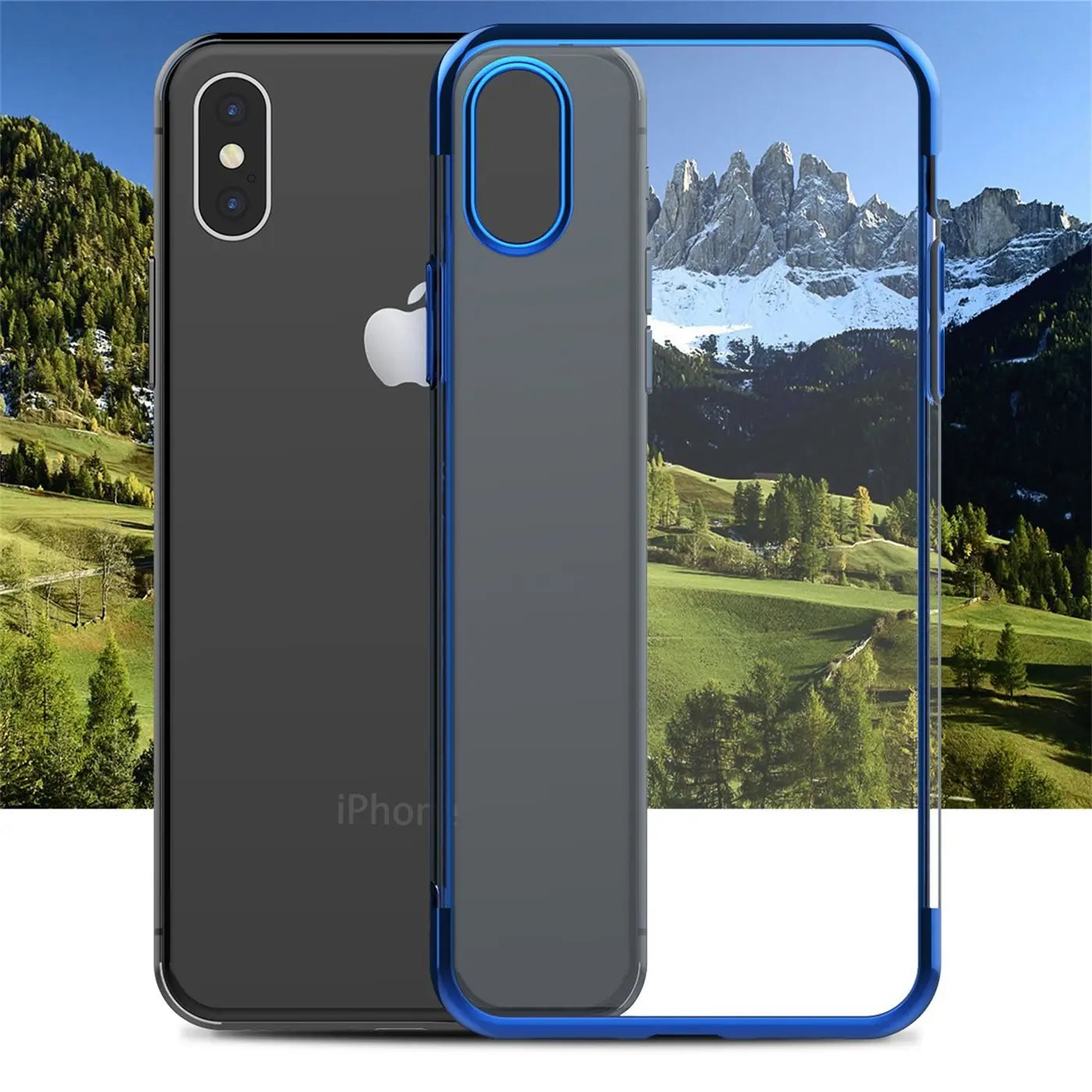 iPhone Xs Max: transparente Hülle mit blauem Rand, Rückansicht