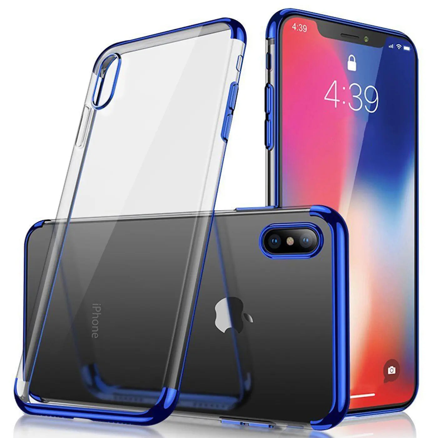iPhone Xs Max Hülle, transparent mit blauem Rand, von vorne und hinten gezeigt