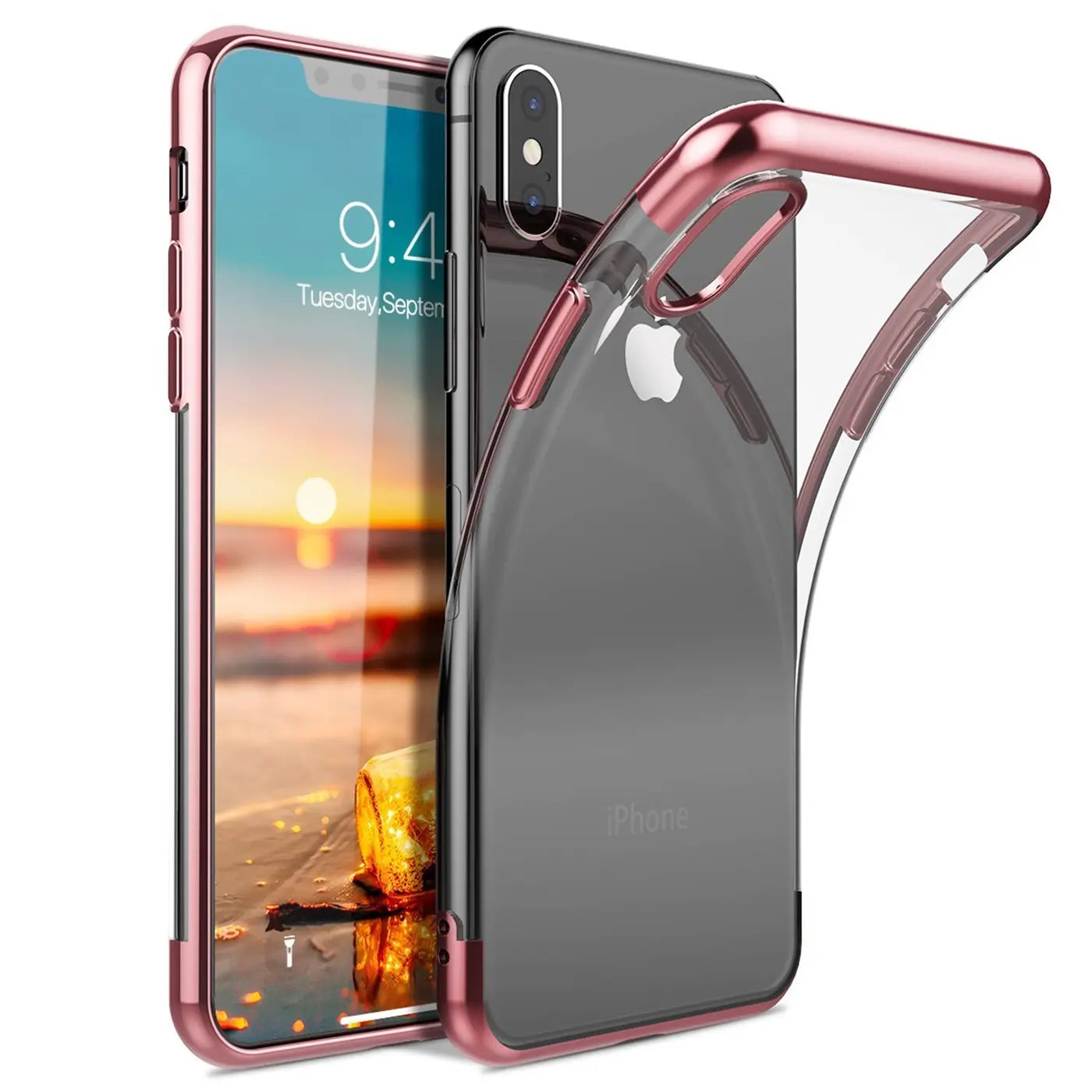 iPhone Xs Max Hülle, transparent mit roségoldenem Rand, Nahaufnahme