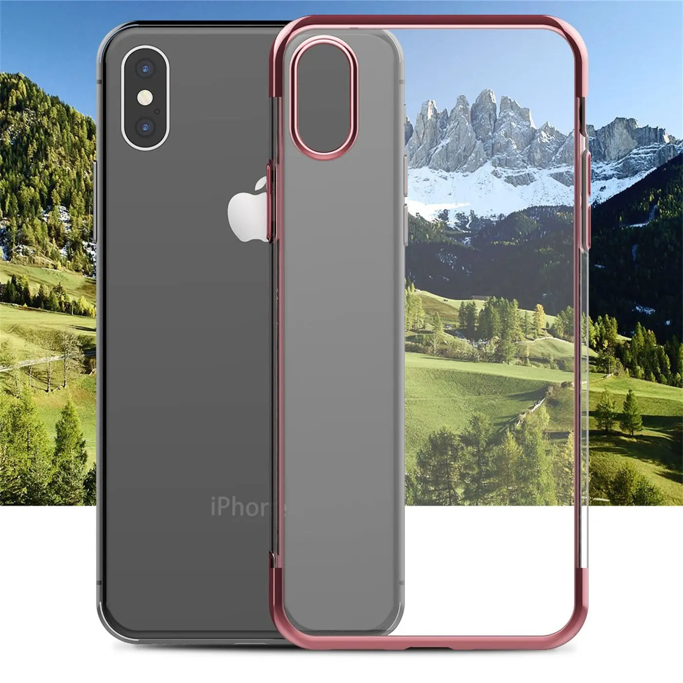 iPhone Xs Max mit transparenter Hülle, roségoldener Rand, Rückansicht