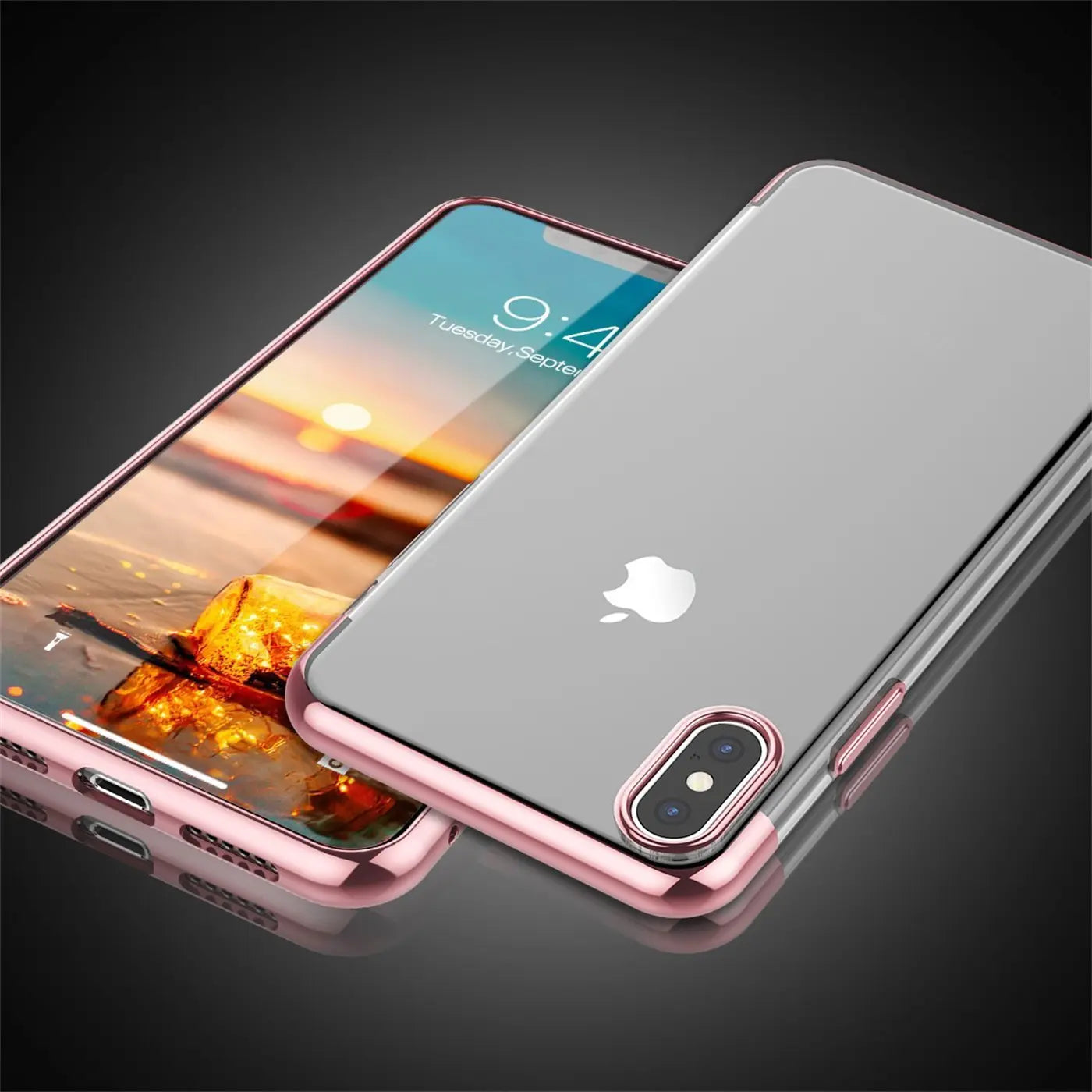 iPhone Xs Max Hülle, transparent mit roségoldenem Rand, von vorne/oben