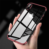 Transparente Handyhülle für iPhone Xs Max mit farblichen Akzenten in Schwarz, Rot, Blau oder Roségold.