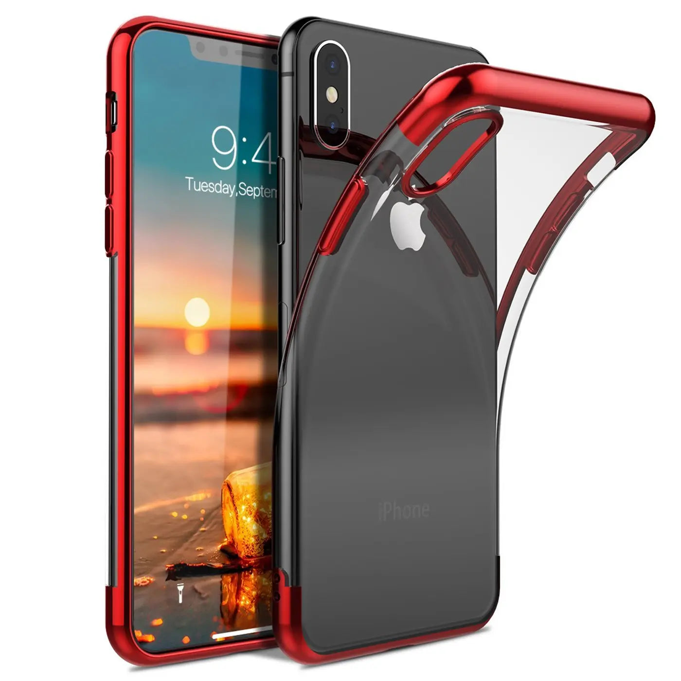 iPhone Xs Max Hülle, transparent mit rotem Rand, aus Kunststoff, von vorne und hinten gezeigt