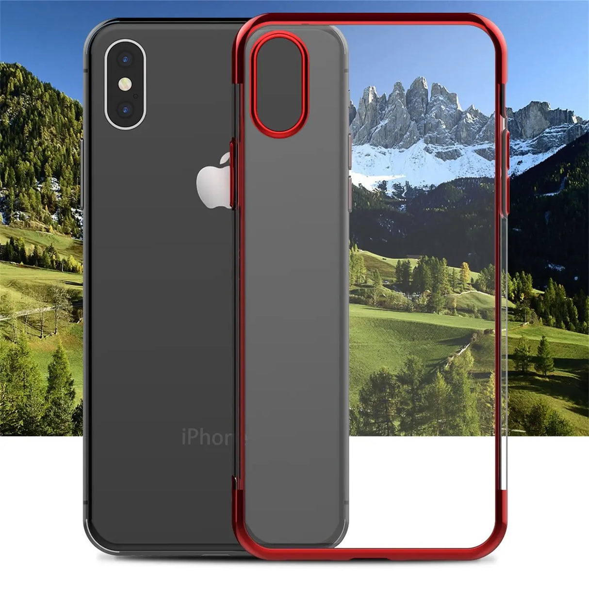 Transparente Handyhülle für iPhone Xs Max mit farblichen Akzenten in Schwarz, Rot, Blau oder Roségold.
