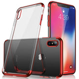 Transparente Handyhülle für iPhone Xs Max mit farblichen Akzenten in Schwarz, Rot, Blau oder Roségold.