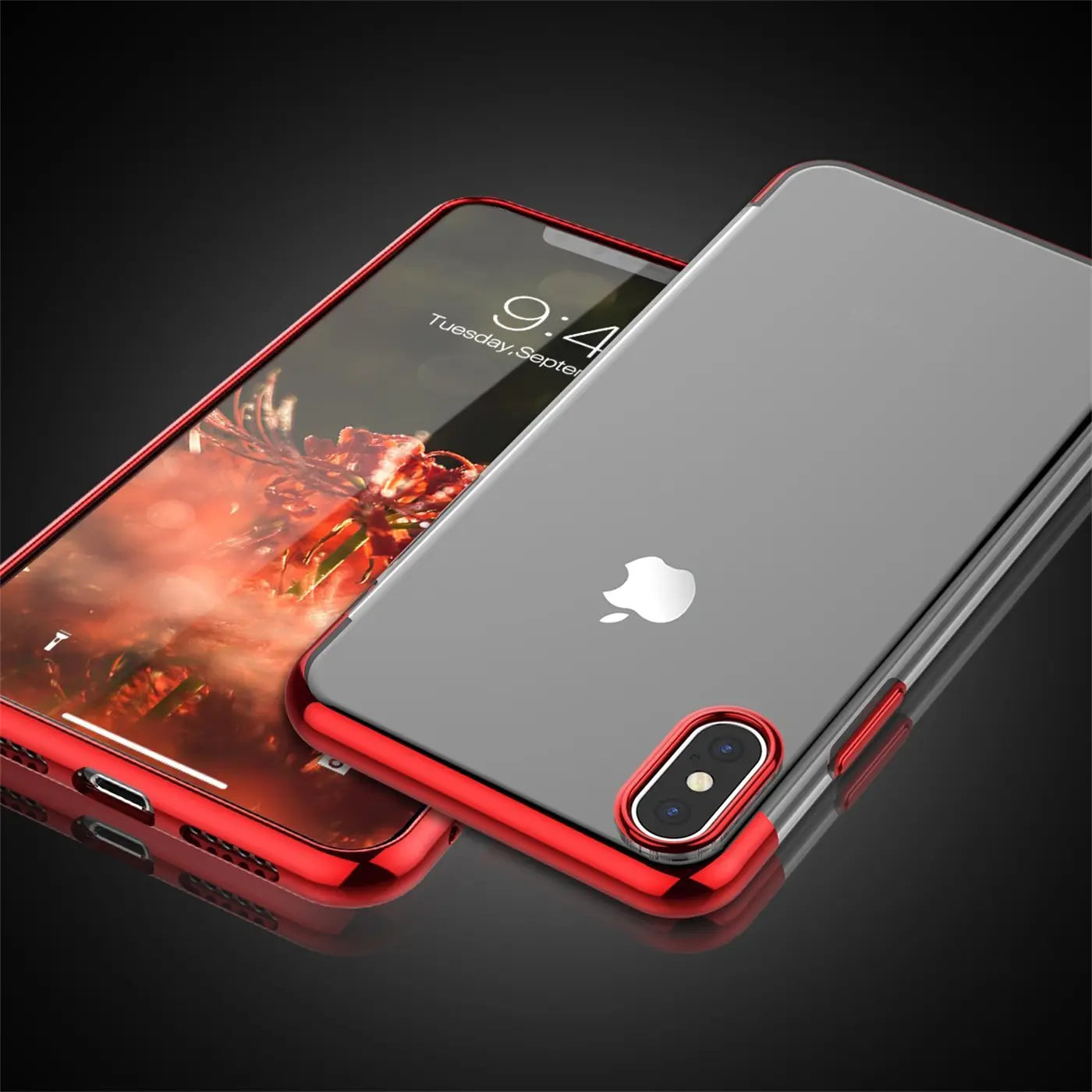 iPhone Xs Max mit roter Hülle, klare Rückseite, von schräg oben
