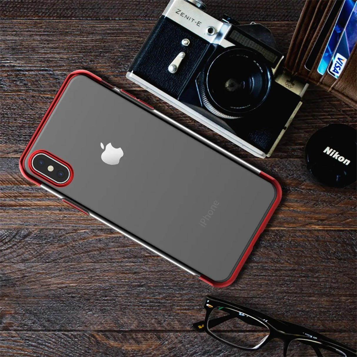 Transparente Handyhülle für iPhone Xs Max mit farblichen Akzenten in Schwarz, Rot, Blau oder Roségold.