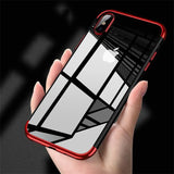 Transparente Handyhülle für iPhone Xs Max mit farblichen Akzenten in Schwarz, Rot, Blau oder Roségold.