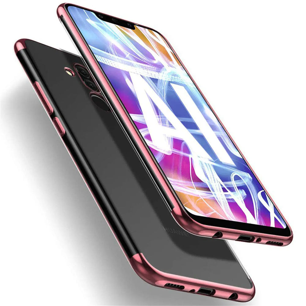 Huawei Mate 20 Lite in transparenter Hülle mit roségoldenem Rand, von schräg oben fotografiert.